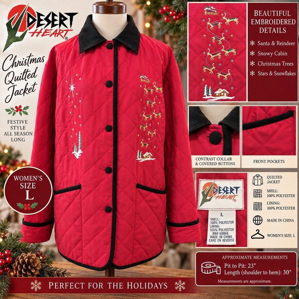 Desert Heart Christmas Quilted Jacket Red Embroidered Santa Reindeer Womens L